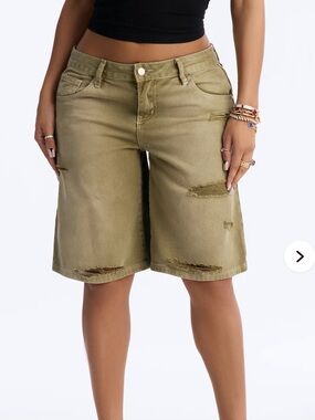 Fashion Nova Olive Green Distressed Bermuda Shorts